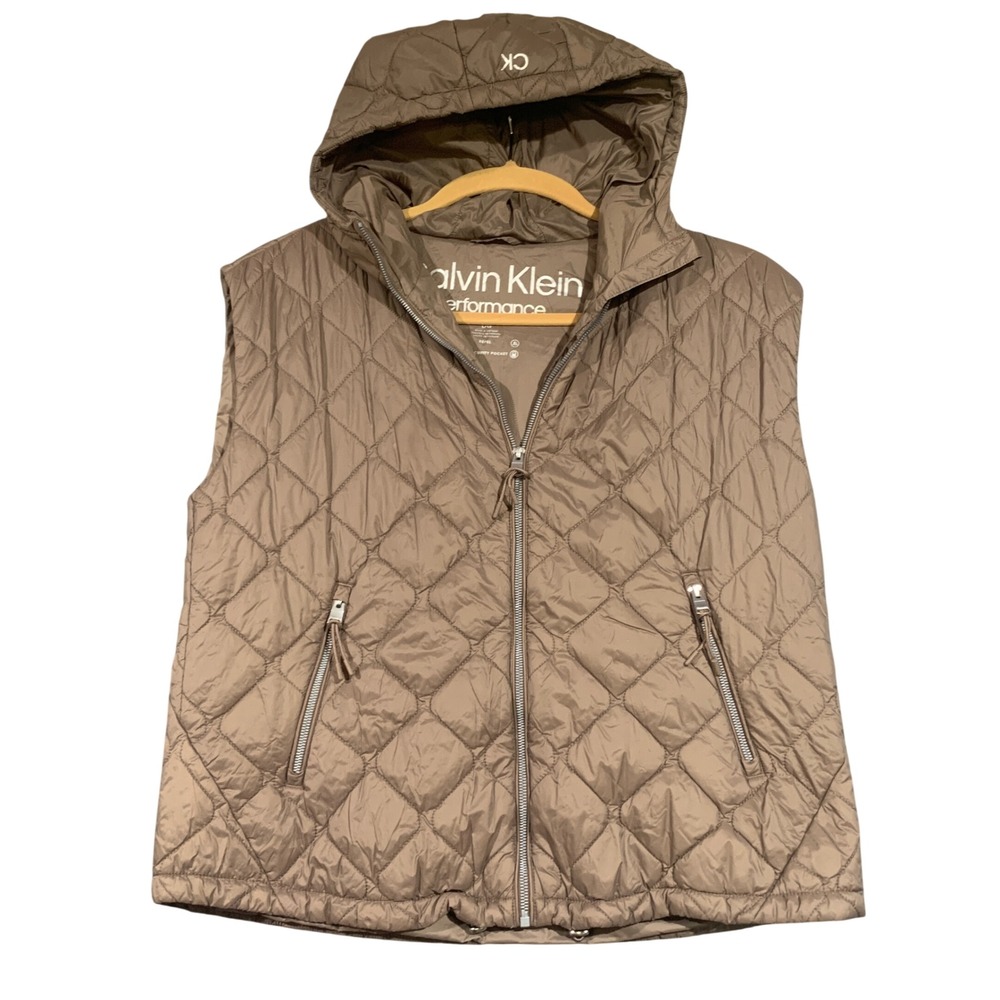Calvin Klein Performance Womens Large Taupe Brown Quilted Hooded Puffer Vest L